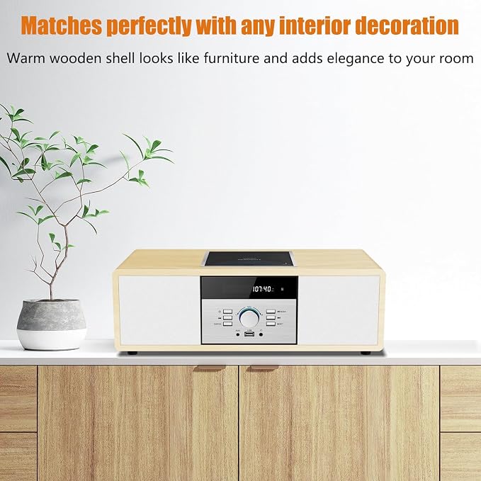 Nostalgic Bluetooth Stereo System for Home, WISCENT Vintage Micro HiFi Systems CD Player,with Bluetooth Audio Streaming,FM Radio,USB Port,Aux-in,Earphone Port (Wood Color)