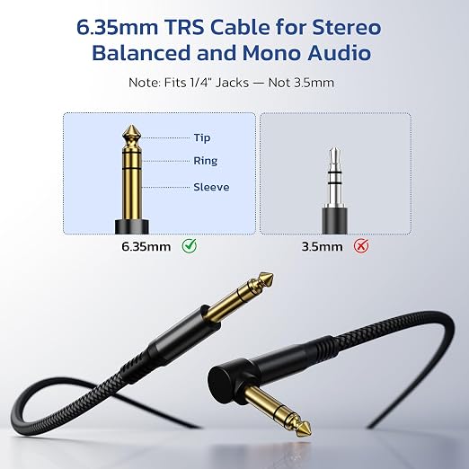 RUXELY 6.35mm TRS Instrument Cable 15FT 2Pack,Right Angle 90 Degree 1/4 Inch Male Jack Stereo Audio Cord,6.35 Balanced Line Lead for Electric Guitar,Bass,Keyboard,Mixer,Amplifier/AMP,Speaker,Equalizer