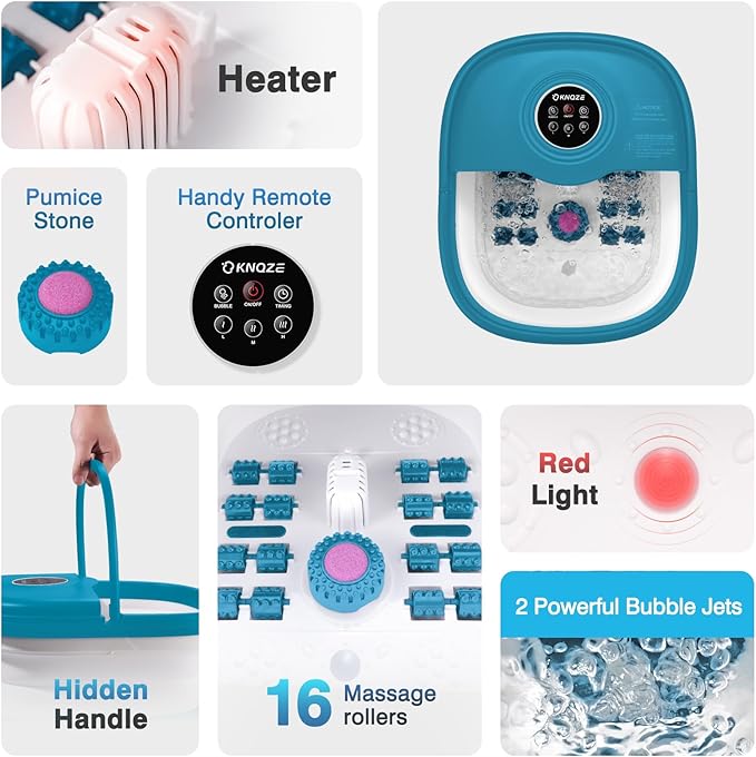 KNQZE Collapsible Foot Spa with Heat, Remote Control, Temperature Control, Bubbles, Pumice Stone, Red Light, Timer, 16 Massage Roller Pedicure Foot Bath Tub Foot Soaker for Relaxation & Stress Relief
