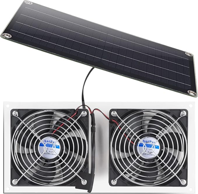 AntPay Solar Powered Fan Kit, IPX7 Weatherproof Dual Fan, Solar Exhaust Intake Cooling Ventilation for Chicken Coop,Greenhouse,Shed,Pet House,Outside with 11Ft/3.5m