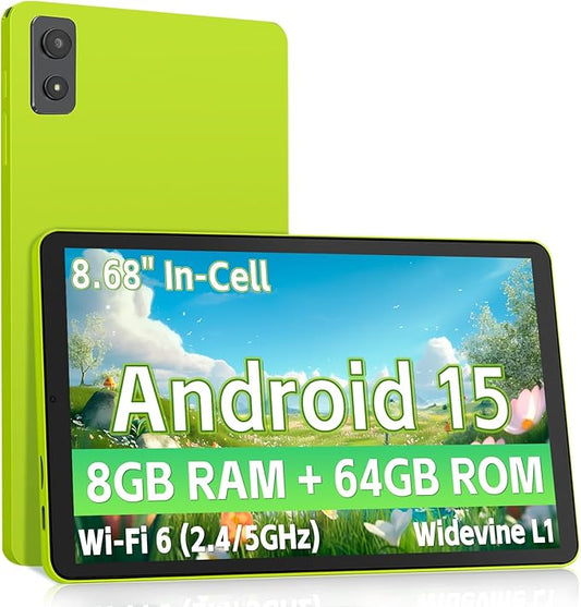 Android Tablet 8.7 Inch, Android 15 Tablet with 8GB RAM 64GB ROM, HD in-Cell Display 1340×800, RK3562 up to 2.0GHz, 5G WiFi, 5000mAh Battery - Green