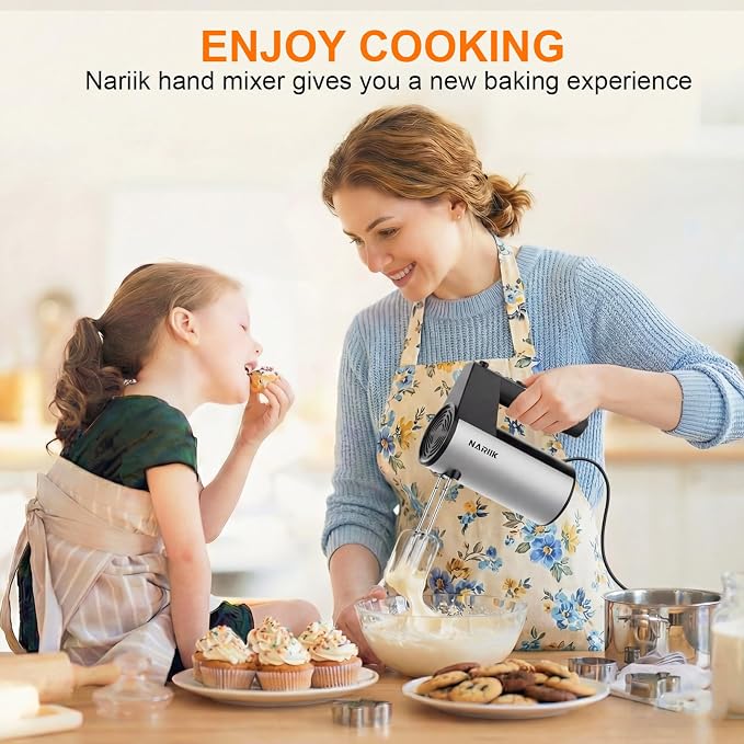 Electric Hand Mixer, Kitchen Handheld Mixer, Turbo Boost/Self-Control Speed + 5 Speed + Eject Button + Stainless Steel Hand Beaters*2 & Dough Hooks*2, Kitchen Mixer for Cream/Cookies/Dough