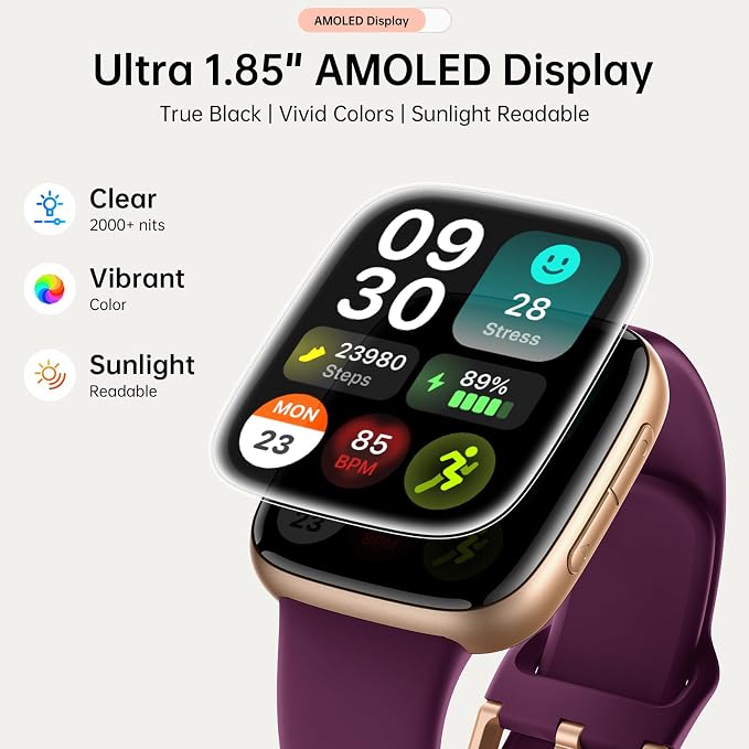 Smart Watches for Women for iPhone & Android Phones, 1.85"AMOLED Smart Watch with Heart Rate/ SpO2/ Sleep Monitor,3ATM Waterproof, Calls & Messages, 120+ Sports Modes FitnessWatch, Dynamic Dials