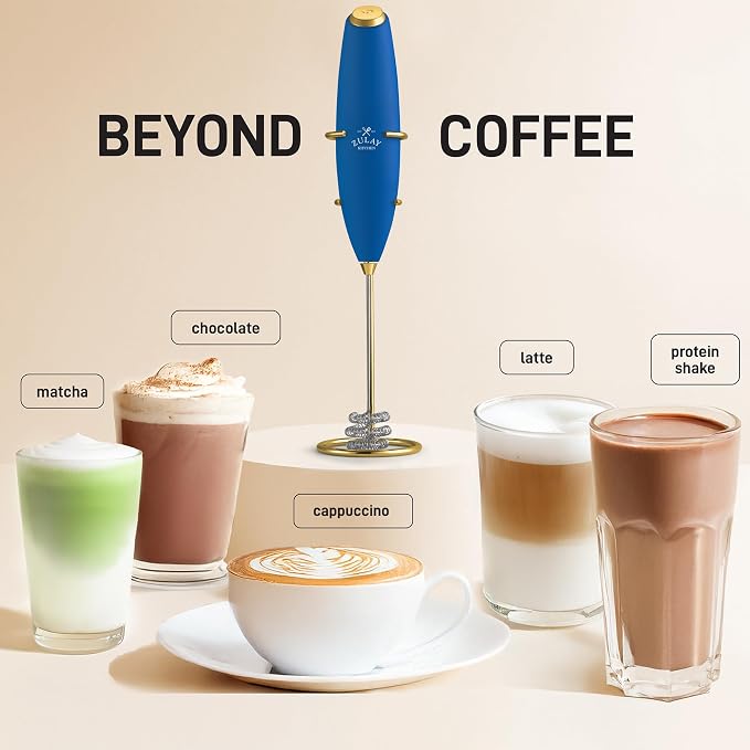 Zulay Kitchen Powerful Milk Frother Wand With Duracell Batteries - Ultra Fast Handheld Drink Mixer - Electric Whisk Foam Maker for Coffee, Lattes, Cappuccino & Matcha - Triple Whisk - Prussian Gold