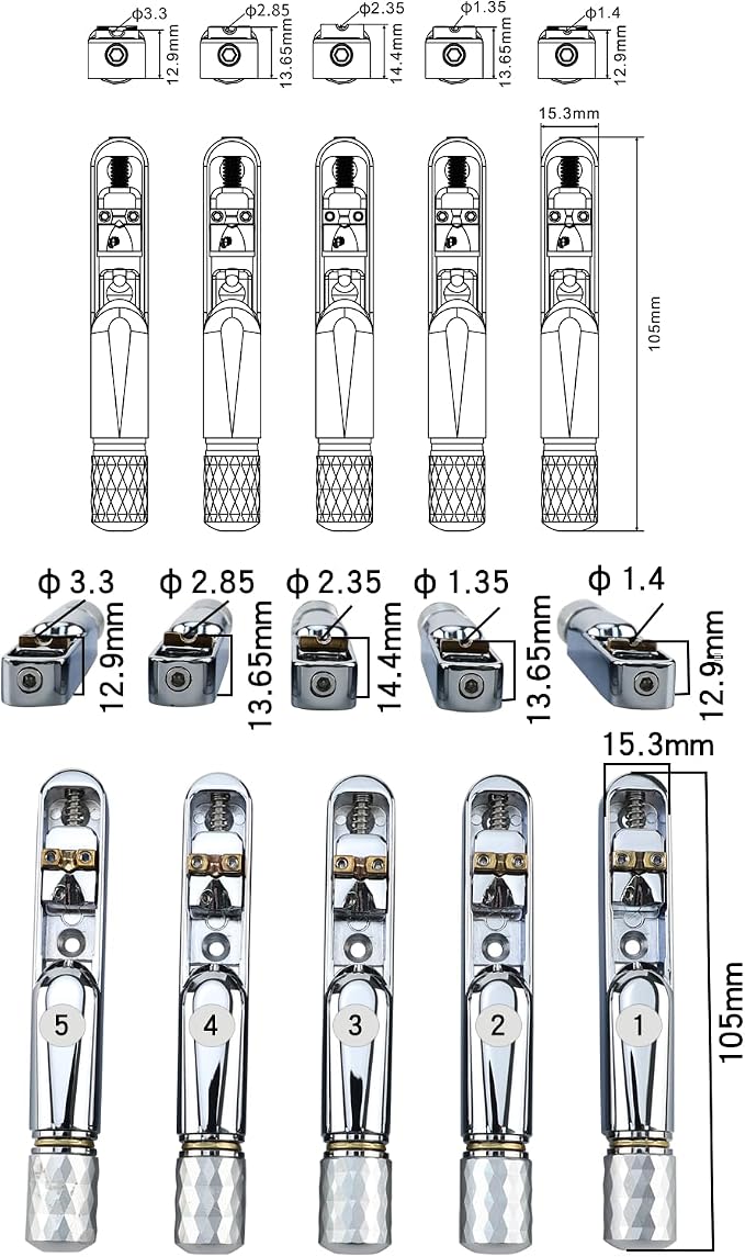 Pack of 5 Individual Single Tubular Fixed Bridge 5 String Electric Bass Bridge for Headless 5-string Bass Replacement Parts Chrome