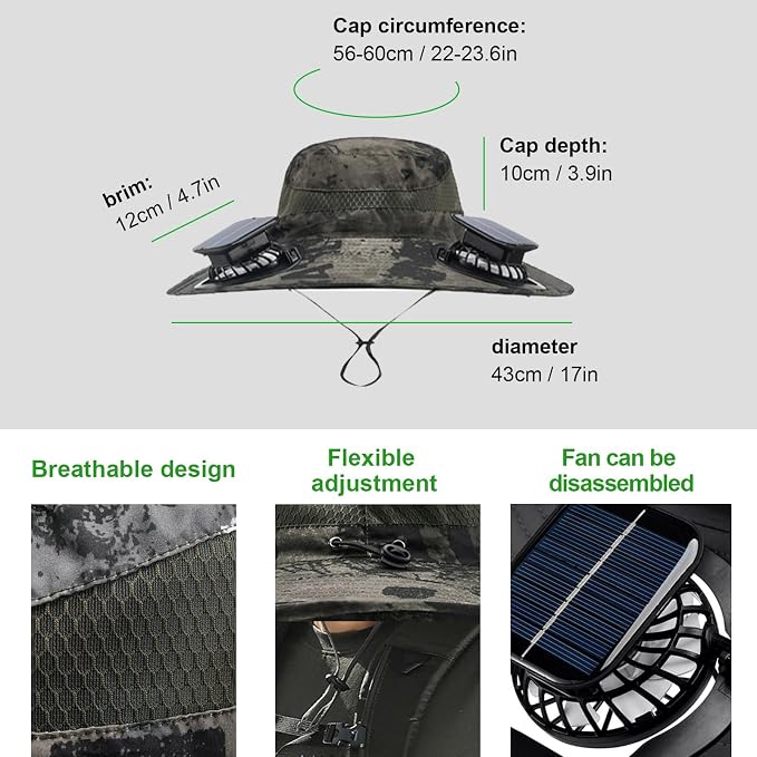 Fishing Hats with Sunglasses, Wide Brim Sun Hat with 2 Solar Fan, USB & Solar Powered Fishing Hats, Solar Fan Hats UPF 50+