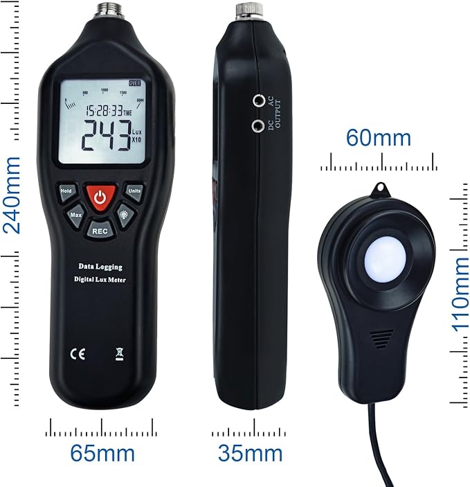 Digital Lux Meter 0-200,000 Lux – USB Data Logger for Windows 10/8/7/Vista/XP, 21,000 Memory, Auto-Ranging, Backlit Display, Fc/Lux Switchable, Detachable Sensor