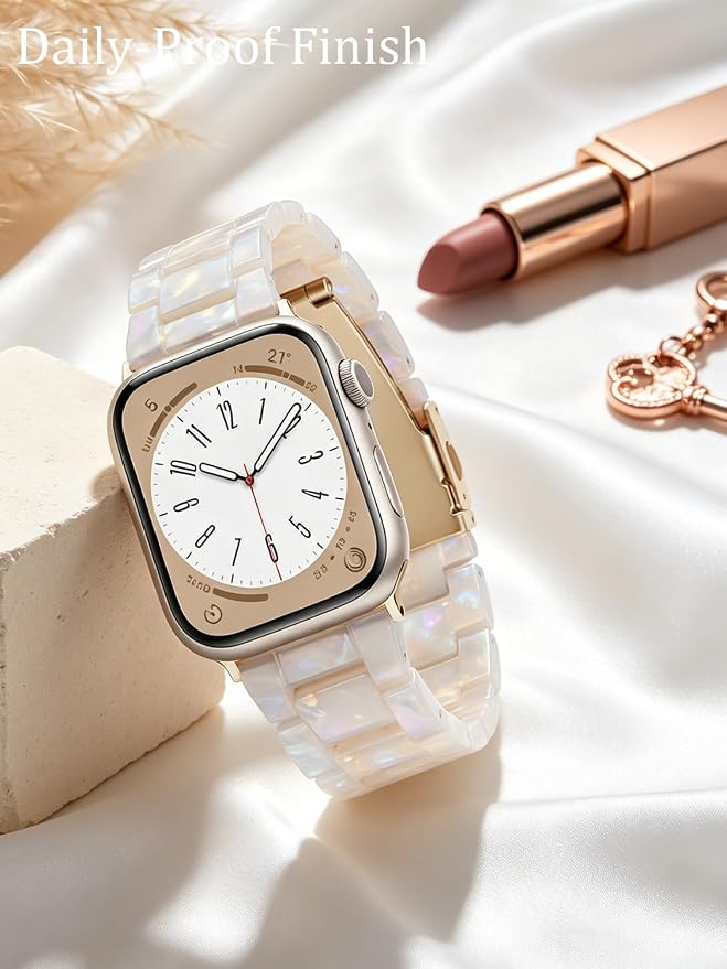 V-MORO Resin Band Compatible with Apple Watch Series 7/8/9/10/11 41/40/38/42mm, Women Fashion Strap for iWatch Series 6/5/4/3/2/1/SE, Lightweight Bracelet Wristband Replacement, Ivory White-Rose Gold