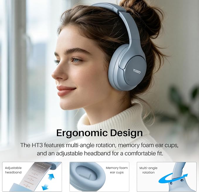 TOZO HT3 Hybrid Noise Cancelling Headphones, 90H Battery Life Wireless Over Ear Bluetooth 6.0 Foldable Headset, AI Voice Assistant with 5 Mics, Connect 2 Devices and Hi-Res Sound, 32 EQ Audio Presets