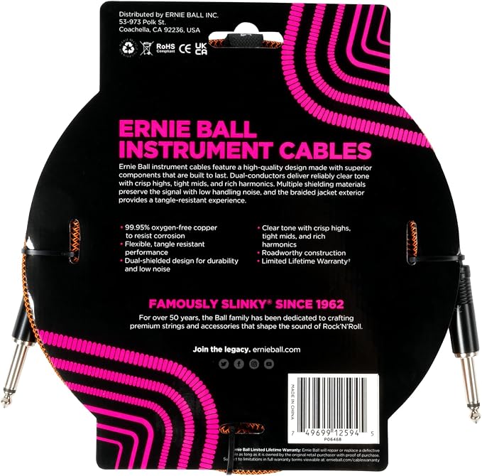 Ernie Ball Braided Instrument Cable Straight/Straight 10ft - Pumpkin Pie