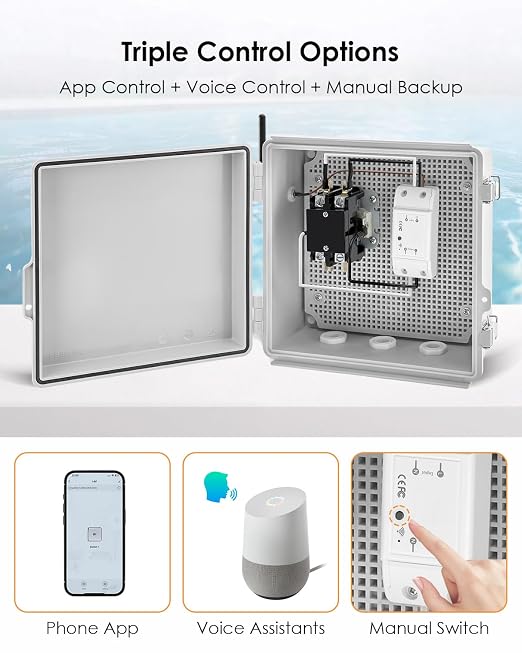 Outdoor Smart WiFi Power Switch Box, 110V 40A 2-Pole Pool Heater Switch, Irrigation Pump Start Relay Fit for Sprinkler Controller System, Compatible with Alexa & Google Home, Remote Control
