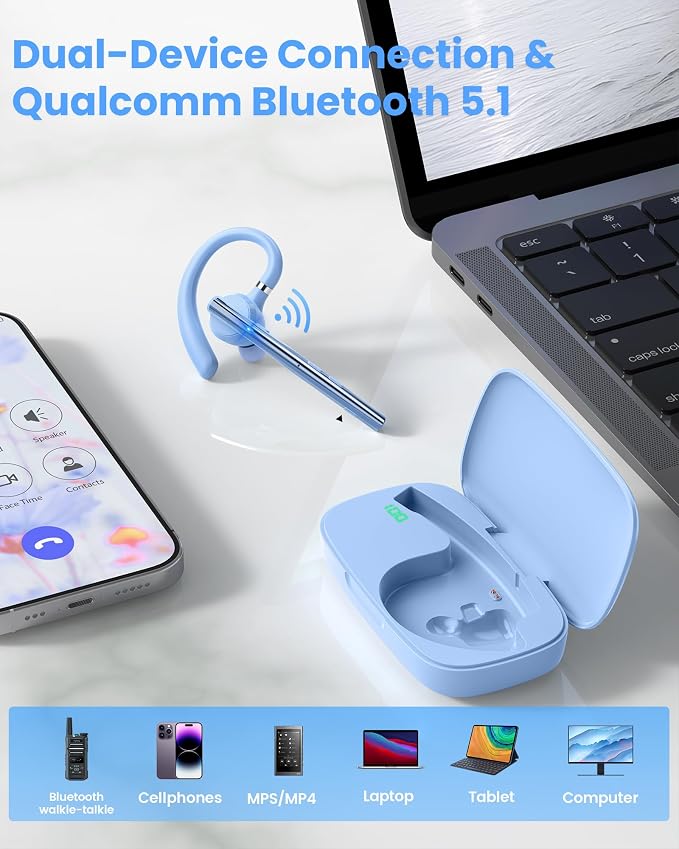 New Bee Bluetooth Headset, Single-Ear Bluetooth Earpiece for Cell Phone Calls, Dual Mic with Mute Button, 72H Talk Time, 500mAh Charging Case Wireless Headset for Phone and Laptop