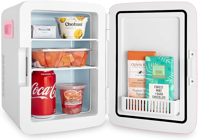 Cooluli 10L Mini Fridge for Bedroom - Car, Office Desk & College Dorm Room - 12V Portable Cooler & Warmer for Food, Drinks, Skincare, Beauty, Makeup & Cosmetics - AC/DC Small Refrigerator (Pink)