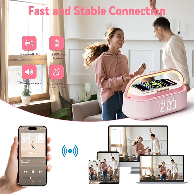 FREEFISH 6 in 1 Bluetooth Speaker with Wireless Charge, FM Radio, Night Light, Snooze, Phone Stand, Bedroom Portable Speaker 2500mAh Battery Dual Speakers for Bedside, Home, Office, Gift (Pink)
