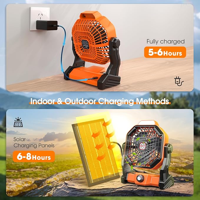 Solar Powered Fan,【Max 40H Runtime】Rechargeable Solar Camping Fans & Led Lantern,8-inch Portable Fan with Solar Panel,Battery Operated Powered Outdoor Tent Fans for Camping Essentials Accessories