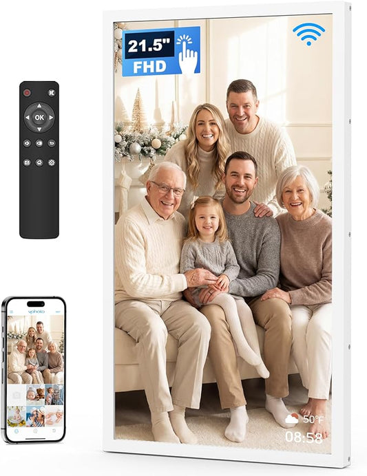 21.5 Inch Touchscreen Digital Picture Frame 32GB, Large Digital Photo Frame 1920x1080 FHD IPS, WiFi Electronic Photo Frame with Remote Control, Share Photo/Video via Apps, Email, White