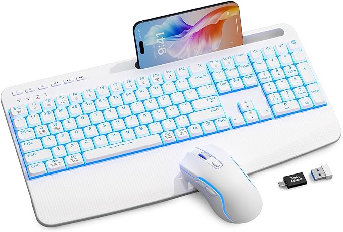 White Keyboard and Mouse Wireless Combo, 4000mAh Rechargeable Backlit Quiet Keyboards mice Set, USB Ergonomic Key Board with Wrist Rest & Phone Holder for PC, Mac, Windows, Natural Soft Typing
