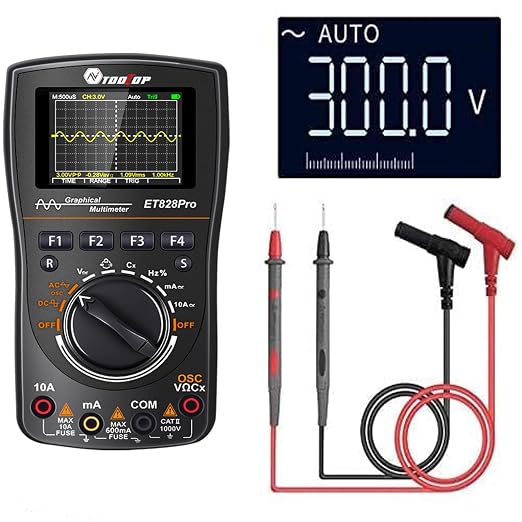 Portable Digital Multimeter Oscilloscope Automotive | 10MHz bandwidth. 50Msps sampling rate. 6000 counts display. Built in 250V explosion proof fuse. Stores 100 data sets.