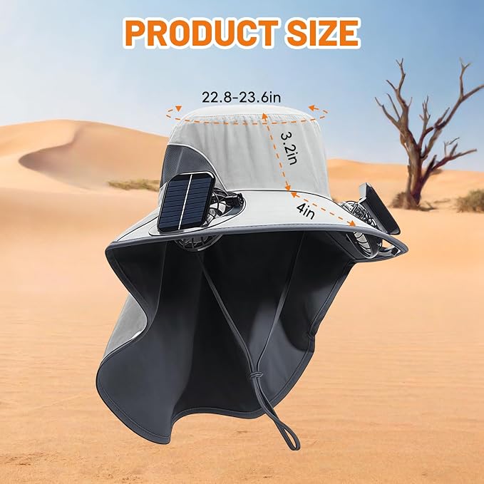 Solar Powered Fan Hat, with 2 Removable Fans & Sun Protection Neck Cover, Wide Brim Sun Hat for Men Women, Enhanced Airflow UPF 50+, USB and Solar Charging, for Outdoor Fishing, Hiking Gardening Grey