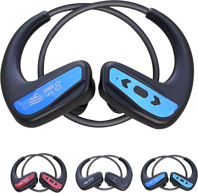 Swimming Headphone Underwater Waterproof Bluetooth ipx8 2 Colors red Blue 32G MP3 Player,in Ear no Falling, for Running Diving Cycling Hiking Gym Spa Other Sports(Blue)