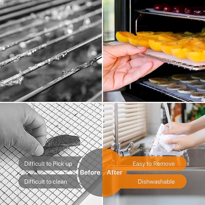 Silicone Dehydrator Sheets 6 Pcs, Resuable Mat 11 x 8in for Food Dehydrator Freeze Dryer to Prevent Food Spills, Heat-Resistant Dehydrator Trays, Dishwasher Safe, White Rectangular