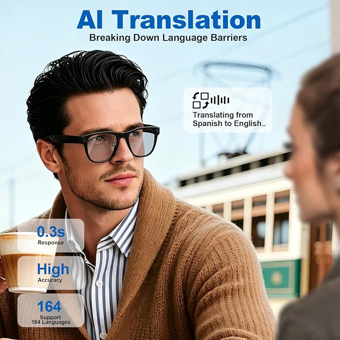 AI Smart Glasses with 8MP Camera, 1080P Video Recording, Real-Time Translation, AI Assistant & Object Recognition, Photochromic Lenses, Bluetooth 5.4 Calls & Music, IP65 Waterproof, 7-8Hr Battery