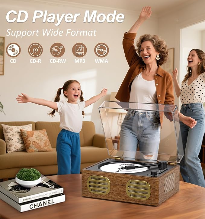 Walnut Wood CD Player with Speakers, Bluetooth Retro Portable Music Player for Home, Wired & Remote Control