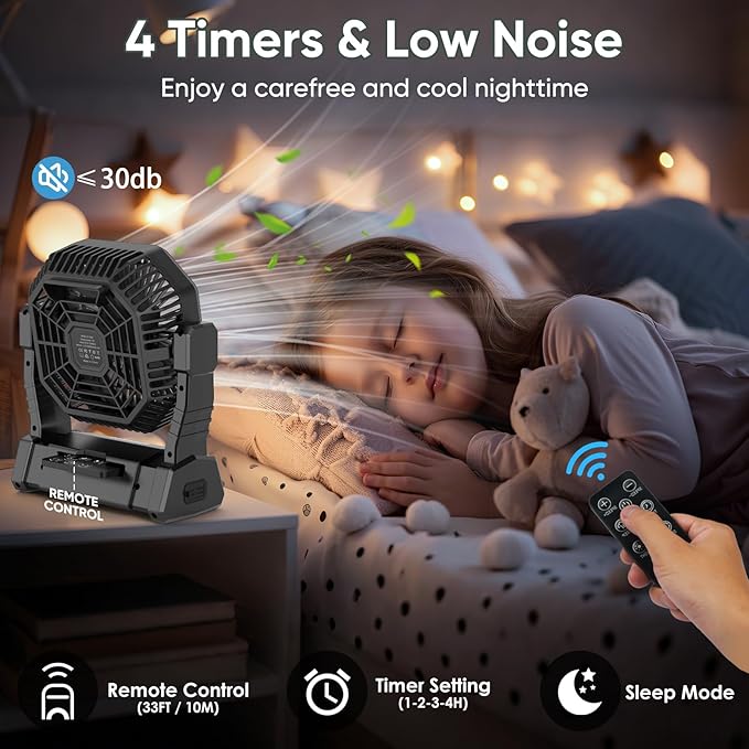 COZII Battery Operated Fan, 20000mAh Rechargeable Portable Fan with LED Lantern - 3 Colors, 4 Speeds, 4 Timing, Adjustable Head with Hook, Camping Fan for Table, BBQ, Beach, Hiking, Travel