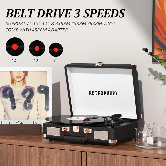 Vinyl Record Player 3 Speed Bluetooth Portable Suitcase Belt-Driven Record Player with 2 Built-in Stereo Speakers Vinyl Vintage Turntable Records Player with RCA Line Out AUX Out (Black&Rose Gold)