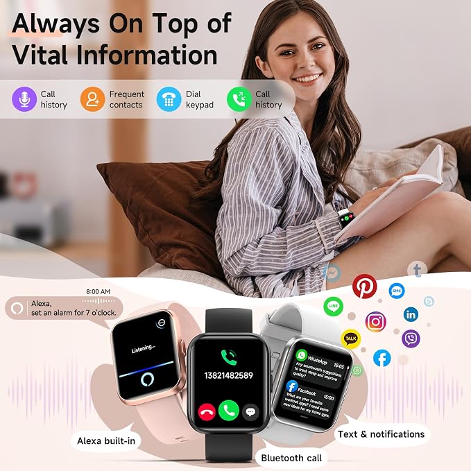 Smart Watches for Women Men, for Android & iPhone, Alexa Built-in, 1.8" Touch Screen Smartwatch with Heart Rate/SpO2/Sleep/Stress Monitor , IP68 Waterproof Fitness Tracker, 101+ Sports Modes, 2 Bands