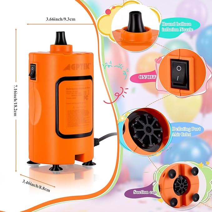 AGPTEK Electric Air Pump with 8 Versatile Nozzles, Portable Fast Fill Air Mattress Pump for Inflatables, High Pressure Quick Inflator for Balloon, Pool Floats, Kayak, Vacuum Storage Bag