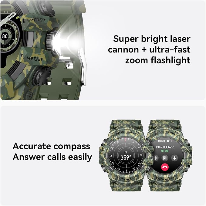 MIDDOW Military Smart Watch with Flashlight (Answer/Make Call) Compass, Heart Rate/Sleep/Sports Tracker, IP68 Waterproof, Long Battery Life, HD Screen, Android & iOS (Camouflage Green)