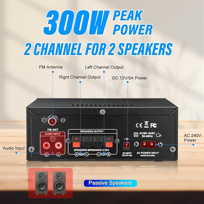 Daakro AK45 Stereo Audio Amplifier,300W Home 2 Channel Wireless Bluetooth 5.0 Power Amplifier System, Home Amplifiers FM Radio, USB, SD Card, with Remote Control Home Theater Audio Stereo System
