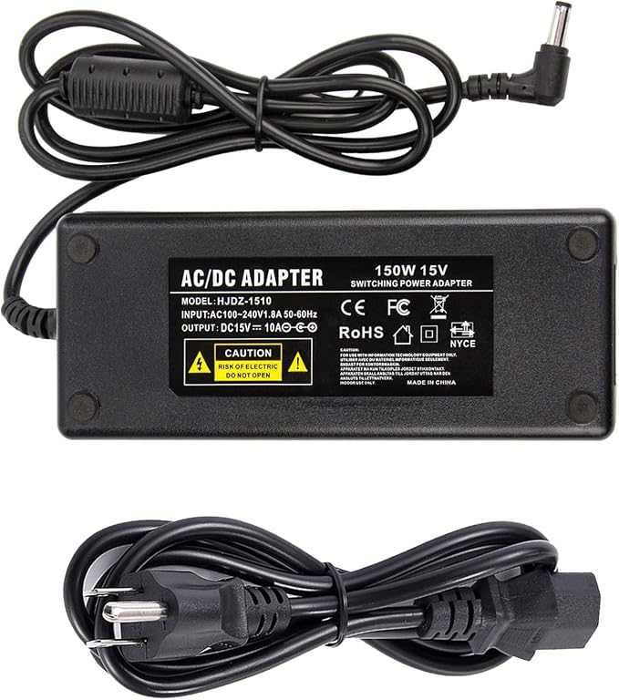 15V 10A Power Supply Adapter - COOLM AC 100-240V to DC 15 Volt 10 Amp 150W Connector 5.5x2.5mm DC Plug Replacement 15V 5A 6A 7A 8A for PoE NVR, PoE Switch Injector, CCTV Camera