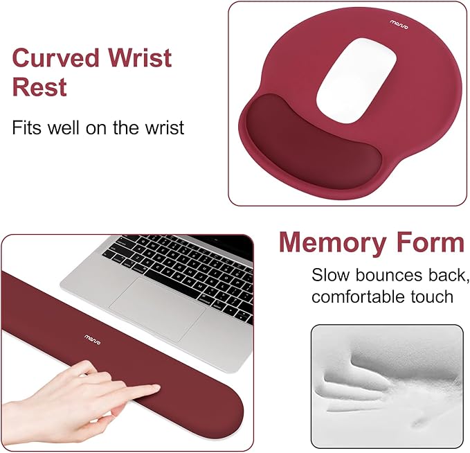 MOSISO Wrist Rest Support for Mouse Pad&Keyboard Set, Circle Curved Ergonomic Mousepad&Coaster Non-Slip Base Home/Office Pain Relief&Easy Typing Pad with Soft Cloth&Silicone Lining, Wine Red
