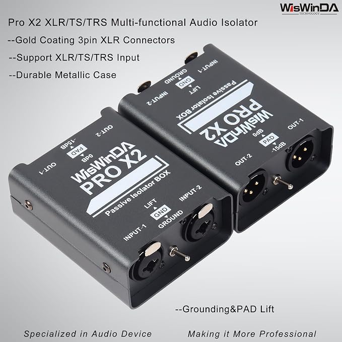 2Channels XLR/TS/TRS Passive Hum Eliminator Box for Audio Equipments Ground Loop Isolator Noise Filter for Different Audio Systems Using (WDISO-Pro X2)