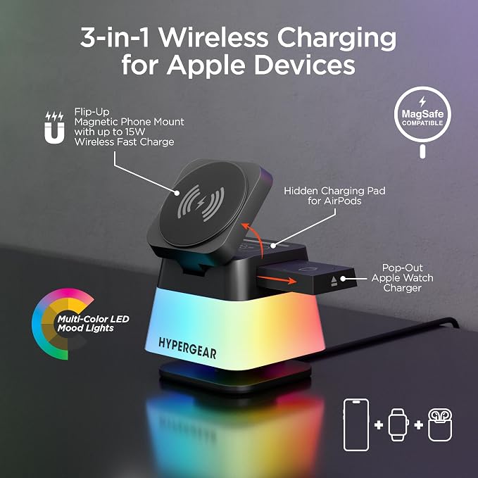 MagSafe 3-in-1 Cube Wireless Charging Stand, 15W Foldable Fast Magnetic Charger Dock, Phone Mount for iPhone 17/16/15, Apple Watch 1-8/Ultra & AirPods