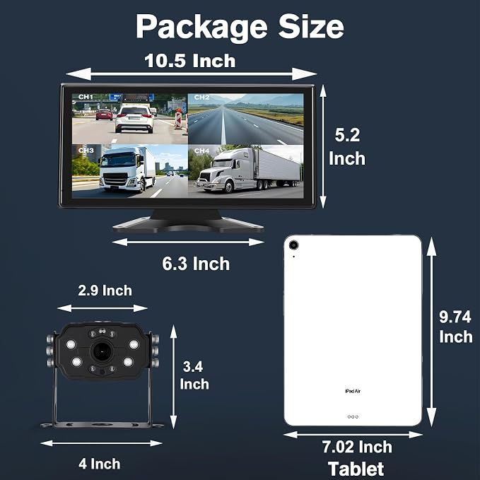 4 Channel Backup Camera System for Truck RV, 10.36” Touch Screen Monitor with 4 1080P Camera, Smart BSD Alert, DVR Loop Recording, IP69 Waterproof Night Vision Dash Cam for Trailer Camper, 64GB Card ﻿