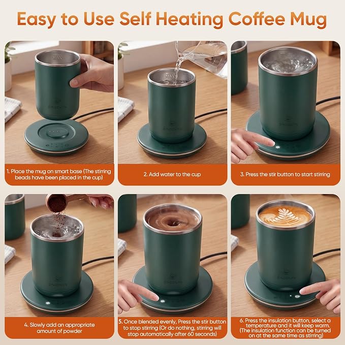 Self Stirring Coffee Mug, Self Heating Coffee Mug, Heated Cup with 3-Level Smart Temperature Control, Auto Shut-Off Electric Coffee Cup Warmer with Detachable Base, Gift for Family Friends (Green)