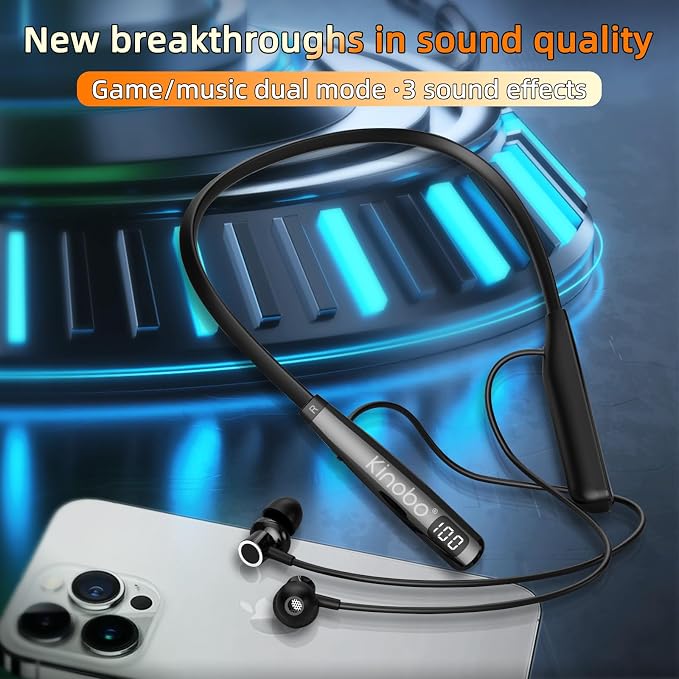 Kinobo Neckband Bluetooth Headphones, 6.0 Bluetooth 100 Hours Playtime，IPX7 Sports Waterproof Earbuds with Microphone Noise Cancelling with HiFi Speakers Multiple Switchable Sound Modes