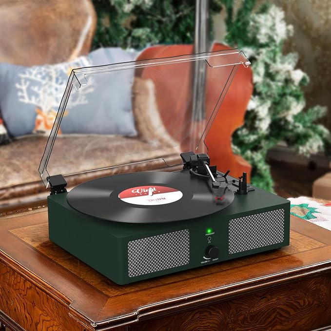 Vinyl Record Player with Built-in Speakers and USB,Belt-Driven Bluetooth Turntable with 3 Speed AUX Input Headphone Jack and RCA Output Vintage Wooden DarkGreen