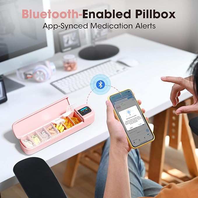 Daviky Automatic Pill Dispenser, Smart Pill Organizer with Alarm, Pill Box 7 Day with APP, Weekly Travel Pill Case, Portable Pill Reminder for Medicines, Supplements and Vitamins (Pink)