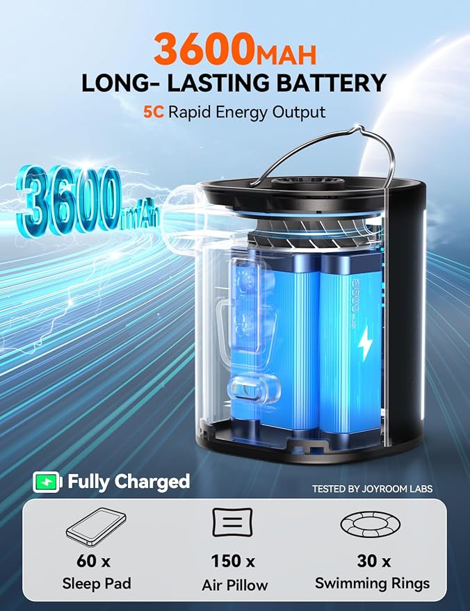 JOYROOM Air Pump for Inflatables with Upgraded 3600mAh 5C Power Battery & Advanced Heat Dissipation, 4.8kPa Ultra-Fast Inflate Deflate for Air Mattress, Pool Floats, Vacuum Storage Bags, Camping Bed