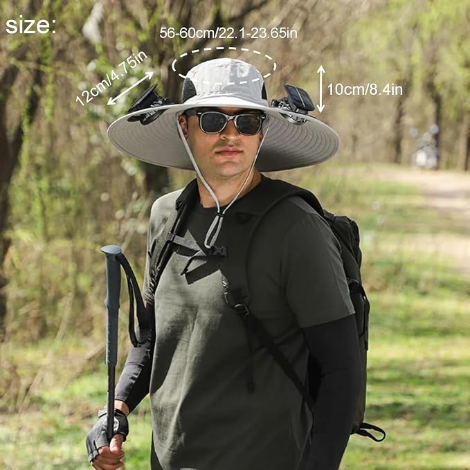 Solar Powered Fan Hat for Men Women Wide Brim Hat with 2 Fans UPF 50+ Outdoor Fishing Beach Sun Hat