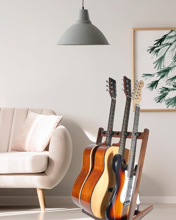 Multi Guitar Stand, Black Walnut Wood Multiple Guitar Stand for 2 Acoustic, 3 Electric or 3 Bass, Hardwood Instrument Rack for Men, Wooden Floor Acoustic Rack for Home Decor, Studio Display
