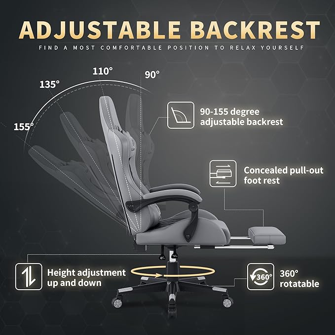 Gamtimer Gaming Chair, 400 lbs Adult Chair, High Back Computer Chair with Footrest and Linked Armrests, Office Video Game Chair with Lumbar Support (Grey)