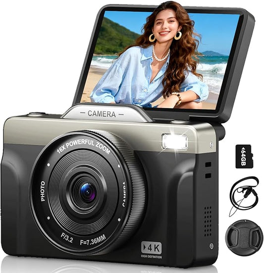 4K Digital Cameras for Photography, 64MP Autofoucs Vlogging Camera for YouTube with 3" 180° Flip Screen,16X Zoom Compact Travel Camera for Beginners Teens with 64GB Card (Black)