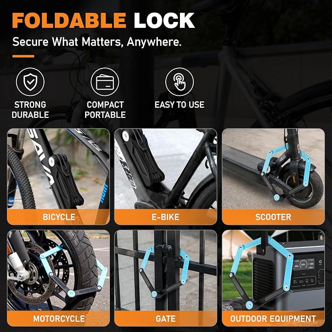 Heavy Duty Folding Bike Lock, 34" Foldable Bicycle Lock with 4 Keys & Mounting Bracket, Alloy Steel Anti Theft Bike Lock for Electric Bike, Scooter & Motorcycle, Portable Security Lock - Blue