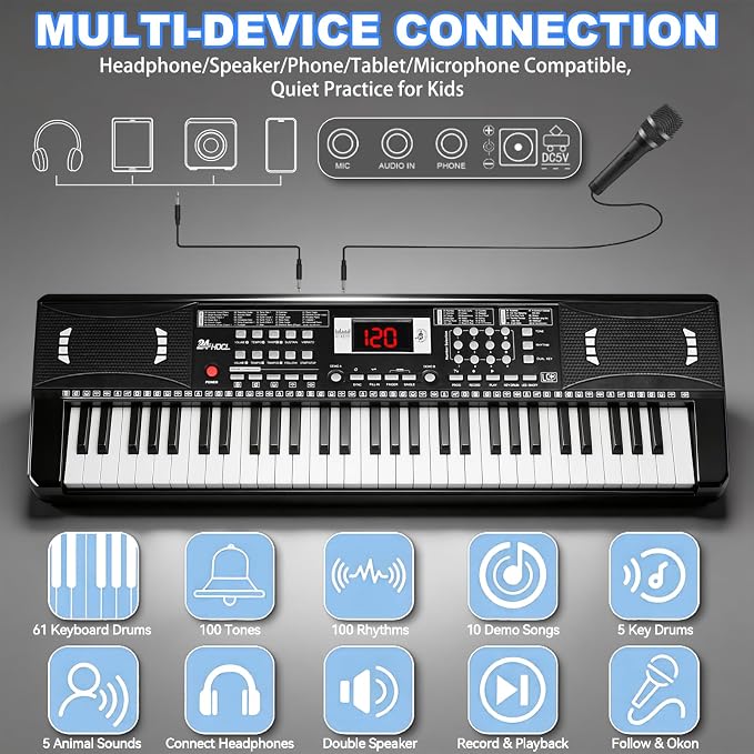 61 Key Keyboard Piano, Digital Kids Piano Keyboard with Stand, Gift for Early Education Children, Black