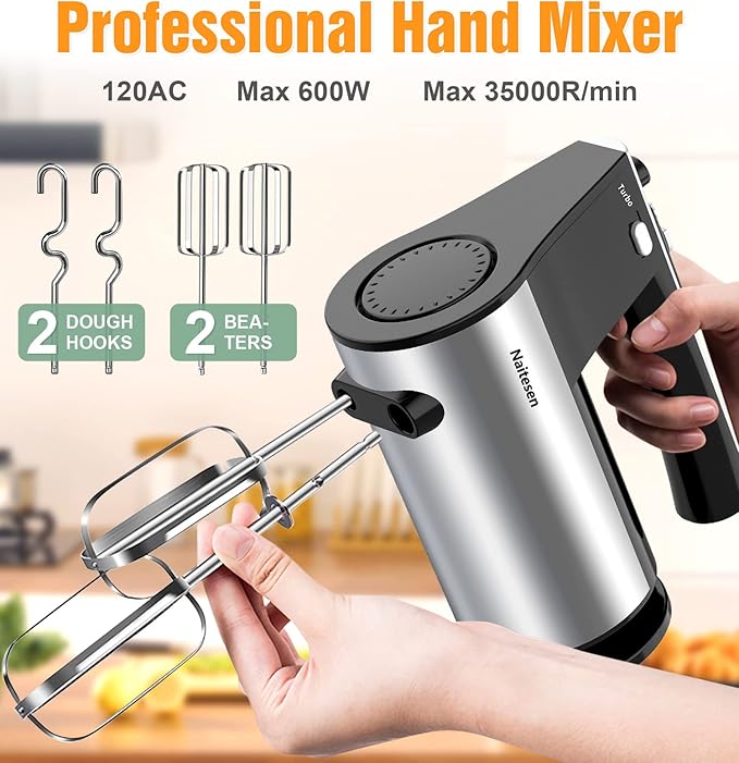 600W Electric Hand Mixer with 6 Piece Mixing Bowls | Mixer Electric Handheld Stainless Steel Metal Nesting Bowls Set for Kitchen Cooking Baking